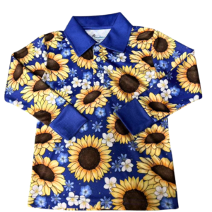 Toddler sunflower print fishing shirt with blue background